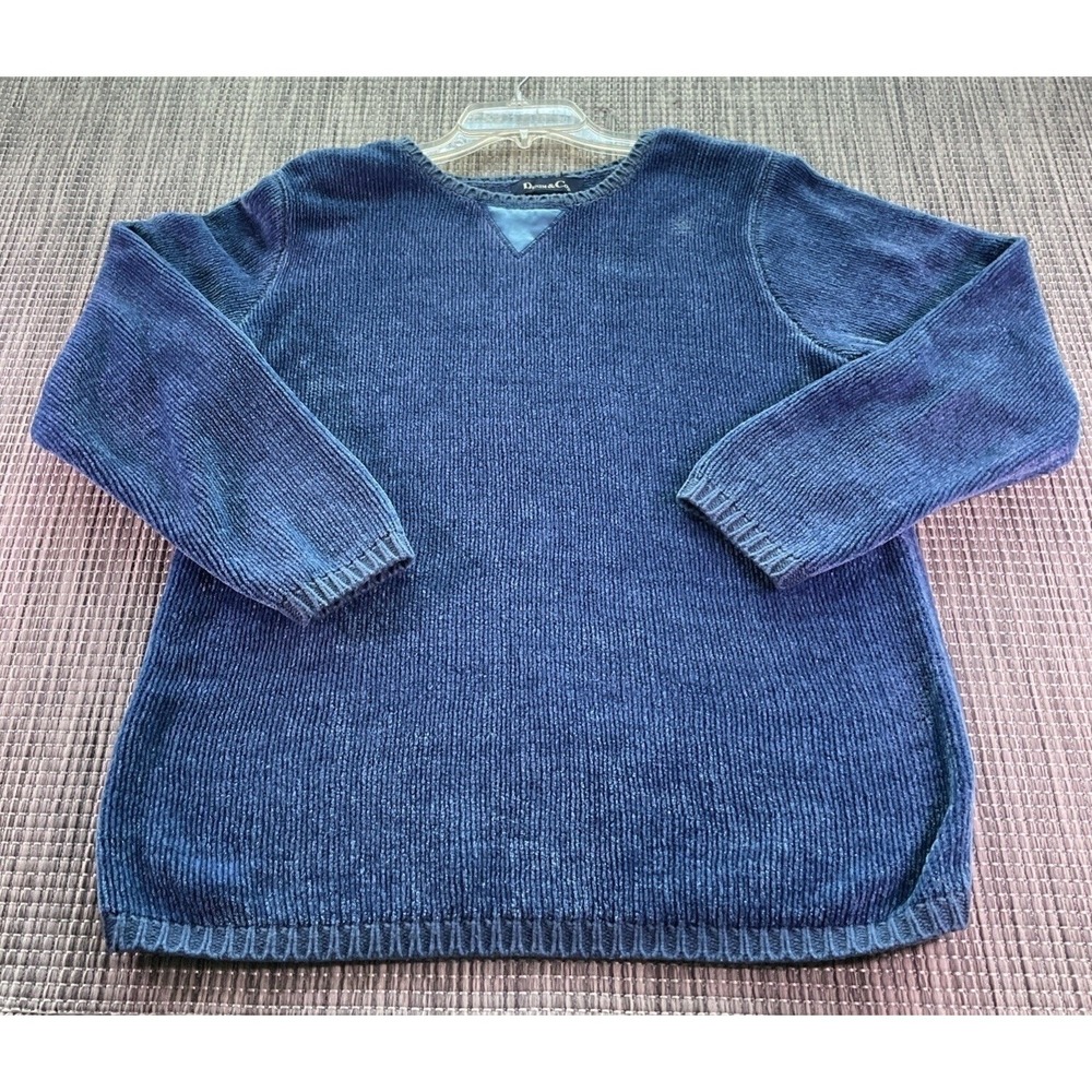 Denim & Co Blue Chenille Ribbed Crew Neck Sweater Womens Medium Long Sleeve